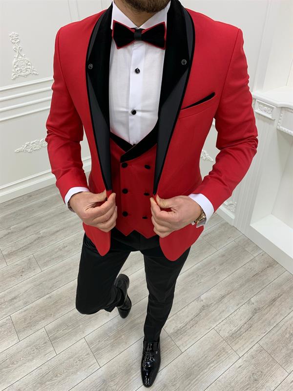İtalyan Stil Smokin Ceket Yelek Pantolon Papyon - Kırmızı