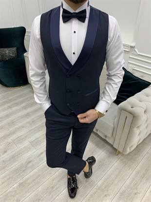 İtalyan Stil Smokin Ceket Yelek Pantolon Papyon - Koyu Lacivert