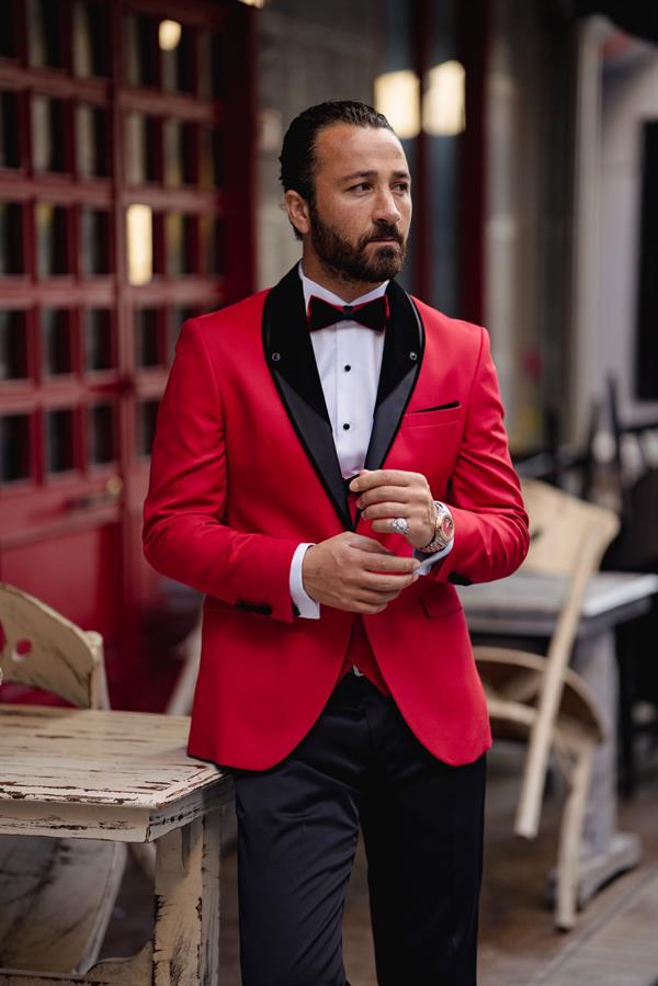 İtalyan Stil Smokin Ceket Yelek Pantolon Papyon - Kırmızı