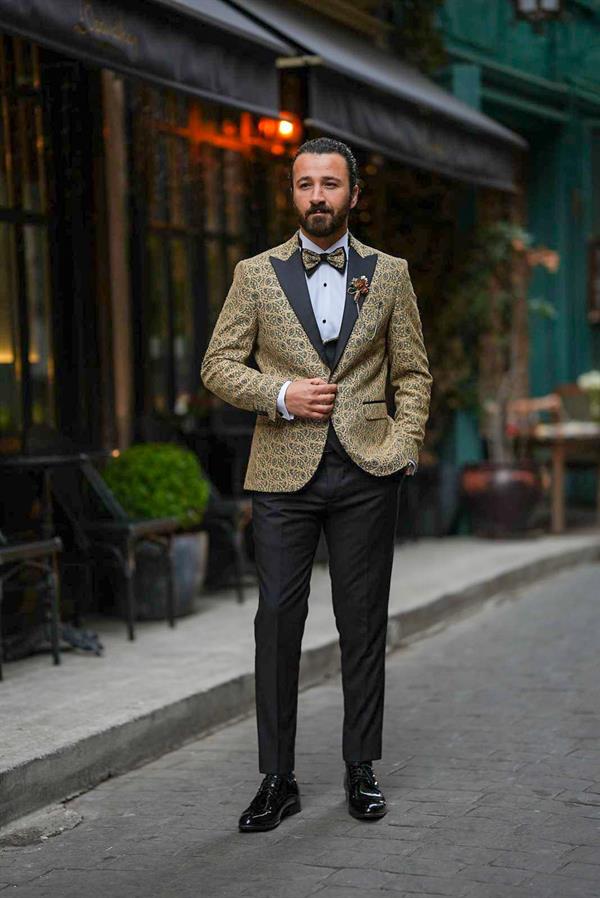 İtalyan Stil Smokin Ceket Yelek Pantolon Papyon - Sarı