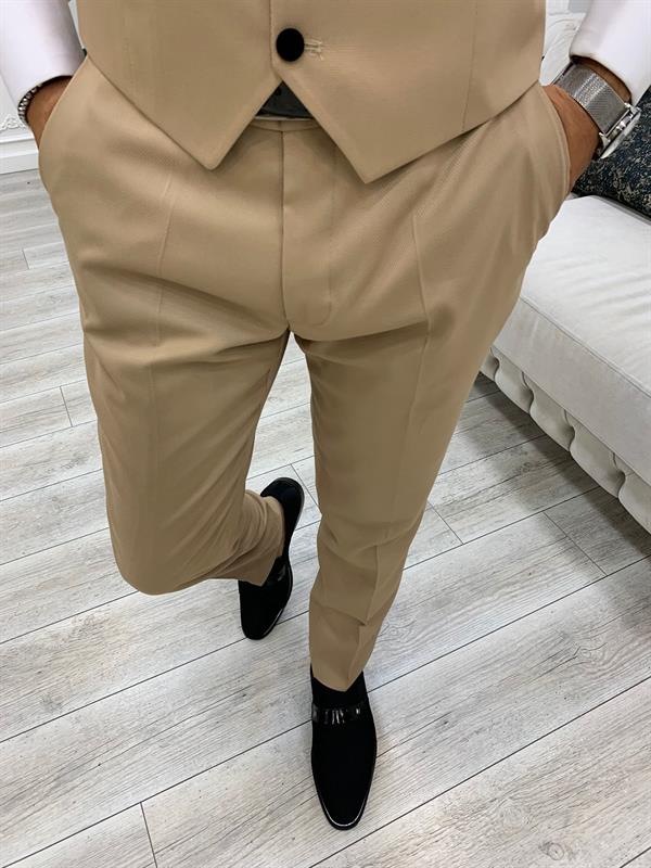 İtalyan Stil Smokin Ceket Yelek Pantolon Papyon - Krem