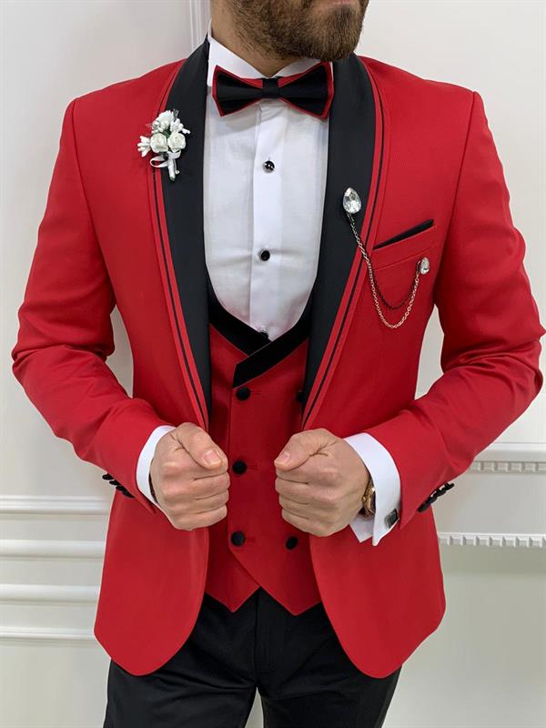 İtalyan Stil Smokin Ceket Yelek Pantolon Papyon - Kırmızı