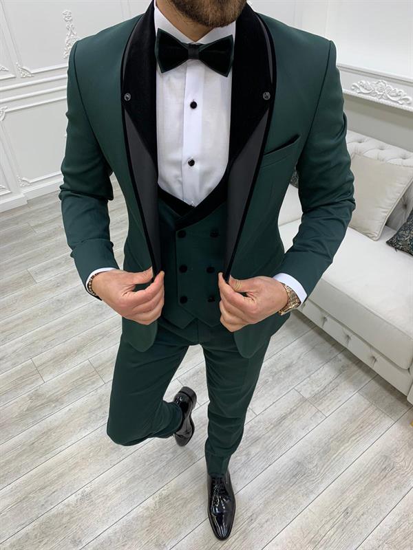 İtalyan Stil Smokin Ceket Yelek Pantolon Papyon - Yeşil