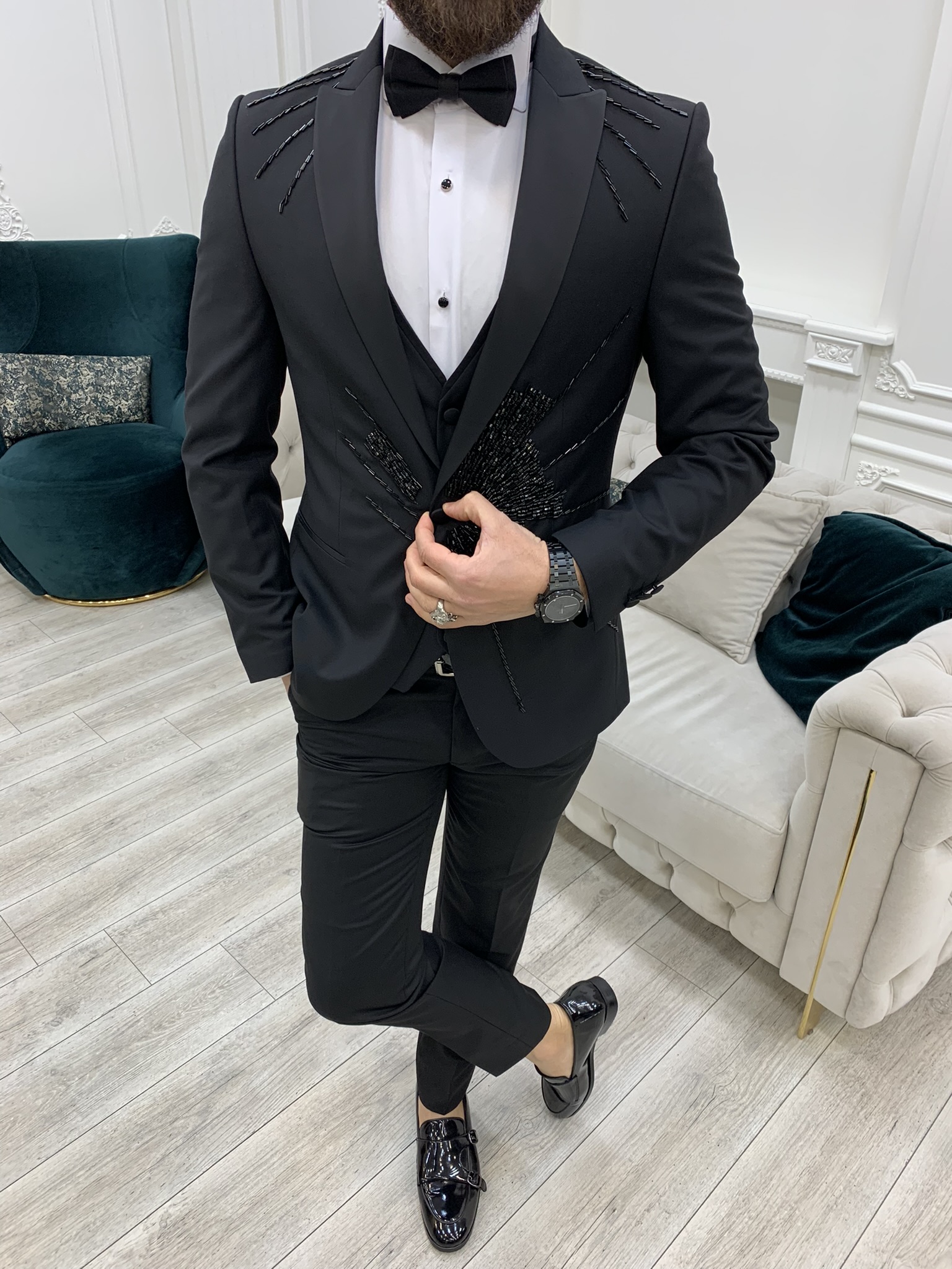 İtalyan Stil Smokin Ceket Yelek Pantolon Papyon - Siyah