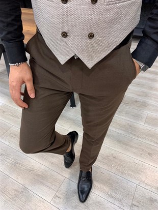 İtalyan Stil Takım Elbise Ceket Yelek Pantolon - Kahve