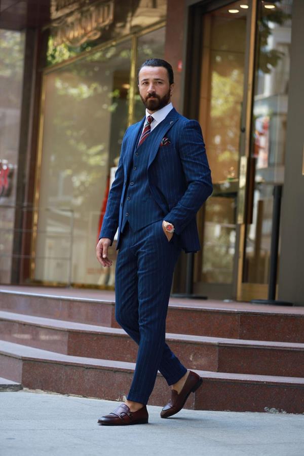 İtalyan Stil Takım Elbise Ceket Yelek Pantolon - Saks