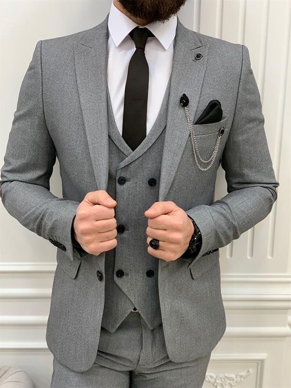 İtalyan Stil Takım Elbise Ceket Yelek Pantolon - Açık gri