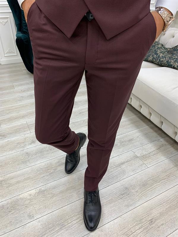 İtalyan Stil Takım Elbise Ceket Yelek Pantolon - Bordo