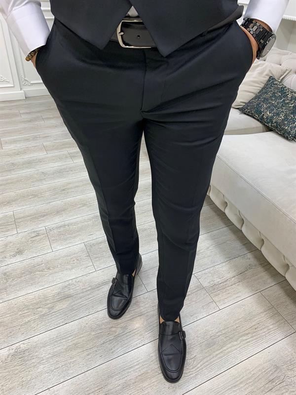 İtalyan Stil Takım Elbise Ceket Yelek Pantolon - Siyah