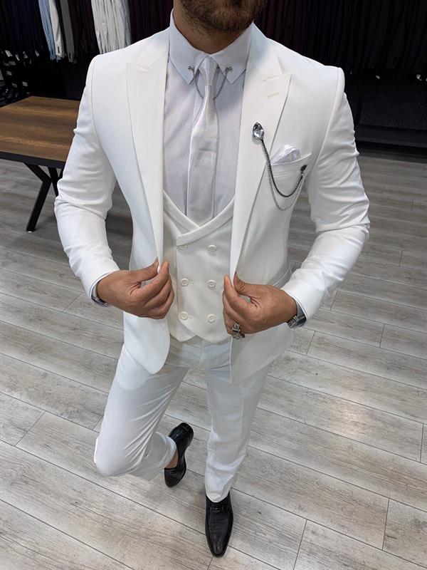 İtalyan Stil Takım Elbise Ceket Yelek Pantolon - Beyaz
