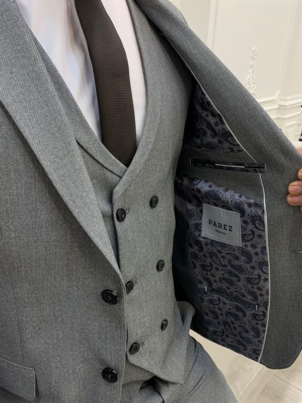 İtalyan Stil Takım Elbise Ceket Yelek Pantolon - Açık gri