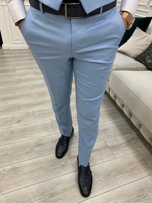 İtalyan Stil Takım Elbise Ceket Yelek Pantolon - Buz Mavisi