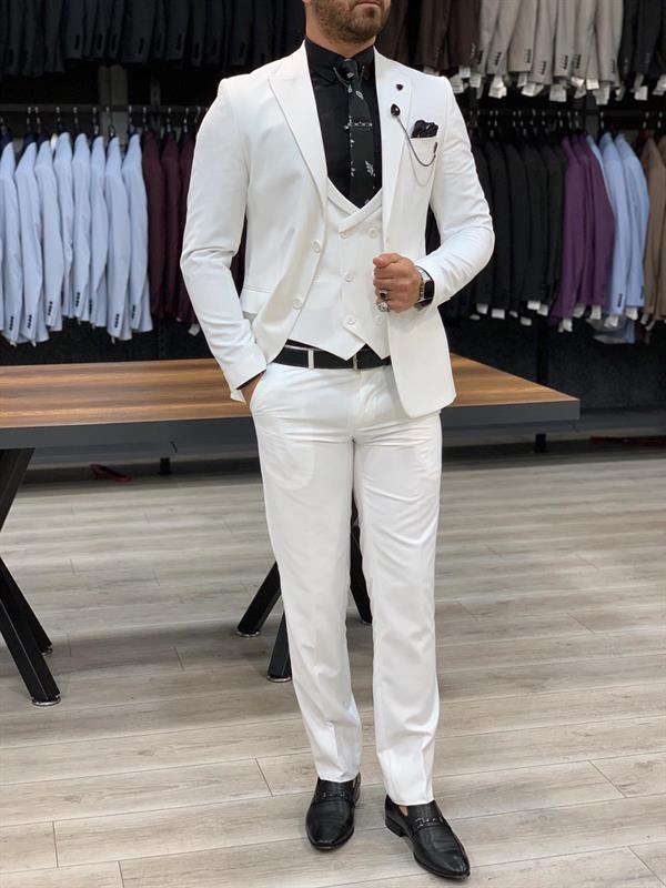 İtalyan Stil Takım Elbise Ceket Yelek Pantolon - Beyaz