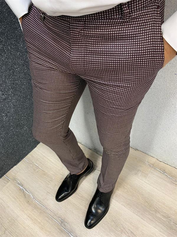 Puantiyeli Slim Fit Pantolon - Bordo