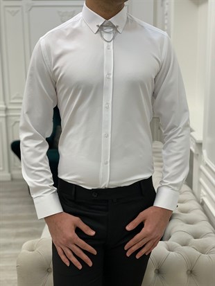 Slim Fit İğne Yakalı Gömlek - Beyaz