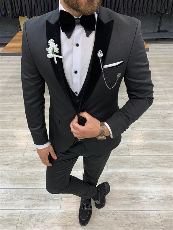 Slim Fit Kırlangıç ​​Yaka Damatlık - Siyah