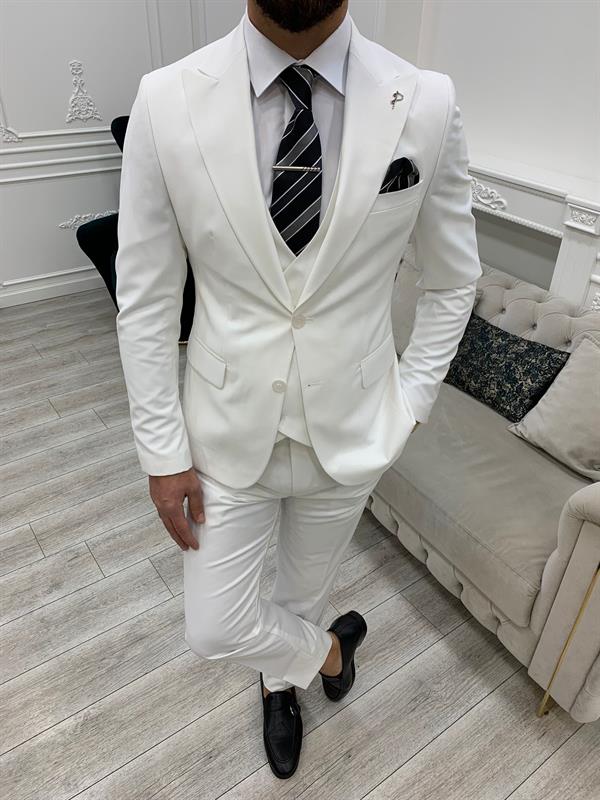 Slim Fit Takım Elbise Ceket Yelek Pantolon - Beyaz