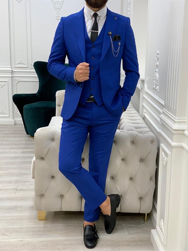 Slim Fit  Takım Elbise Ceket Yelek Pantolon - Saks Mavisi