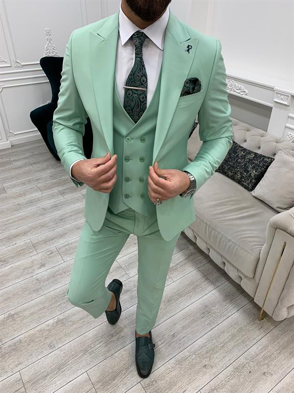 Slim Fit Takım Elbise Ceket Yelek Pantolon - Su Yeşili