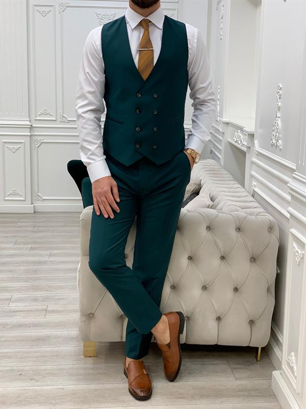 Slim Fit Takım Elbise Ceket Yelek Pantolon - Yeşil