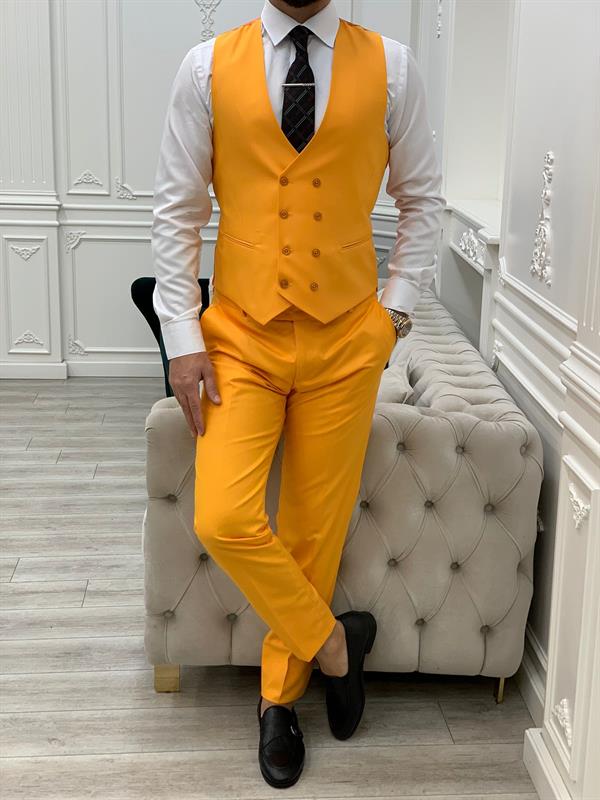 Slim Fit Takım Elbise Ceket Yelek Pantolon - Sarı