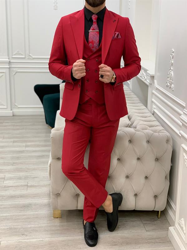 Slim Fit Takım Elbise Ceket Yelek Pantolon - Kırmızı