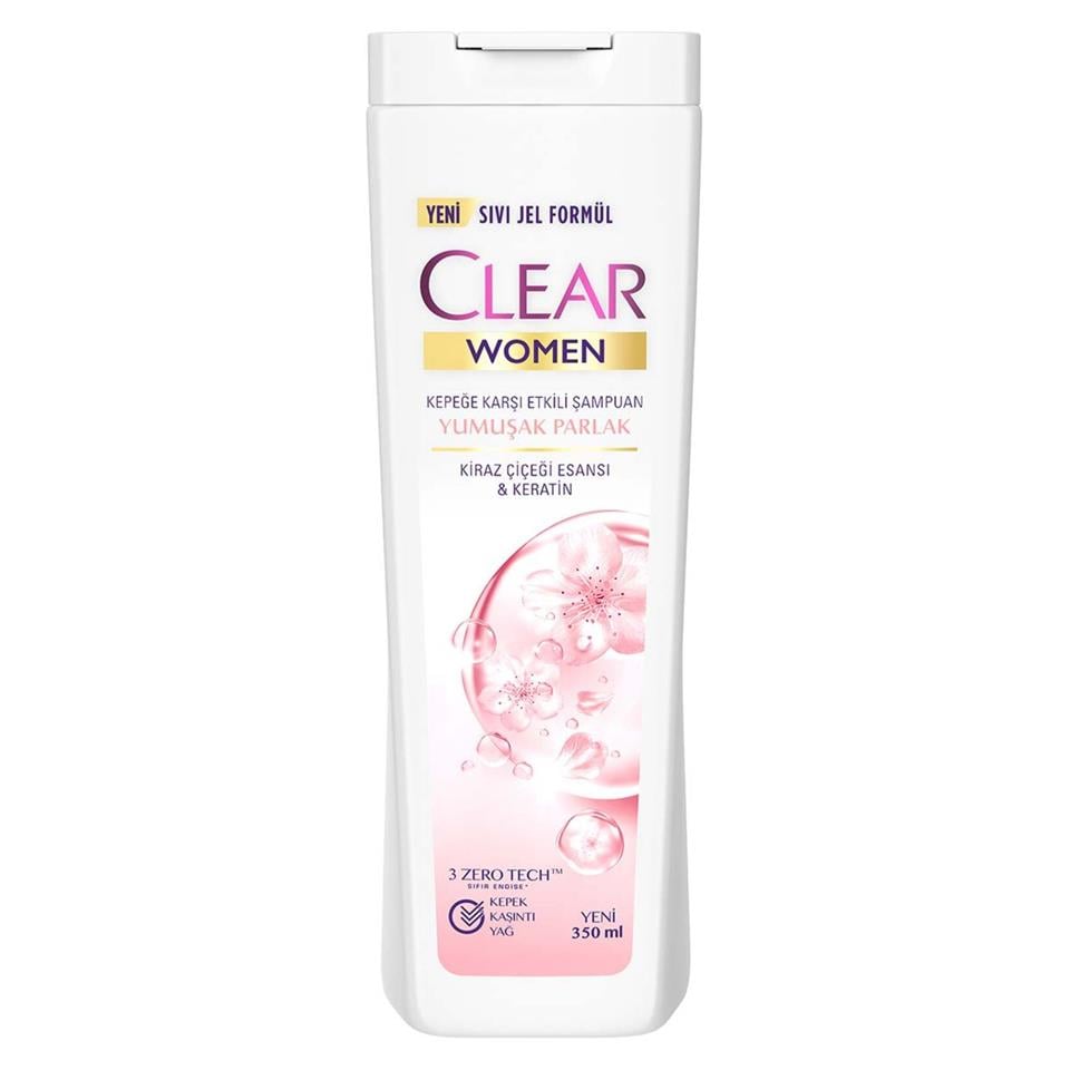 CLEAR WOMEN YUMUŞAK VE PARLAK KİRAZ .ÇİÇEĞİ ESANSI VE KERATİN KEPEĞE KARŞI ETKİLİ ŞAMPUAN 350 ML