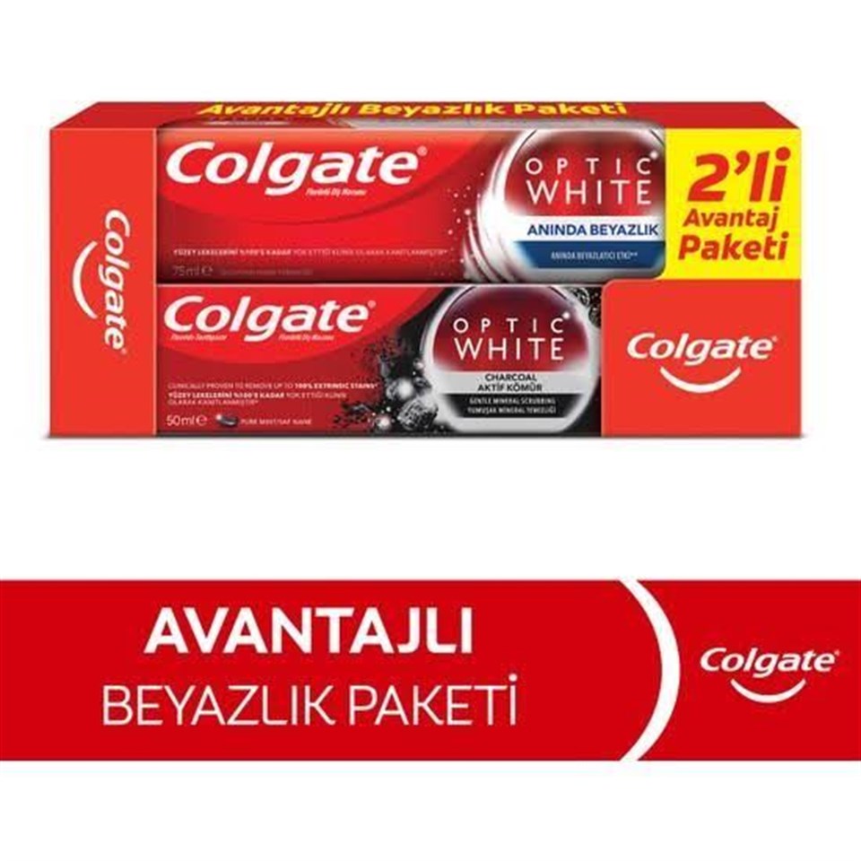 COLGATE OPTİC BEYAZ ANINDA BEYAZLIK 75 ML+AKTİF KÖMÜR 50 ML