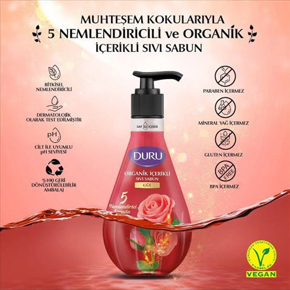 DURU ORGANİK İÇERİKLİ GÜL SIVI SABUN 500 ML