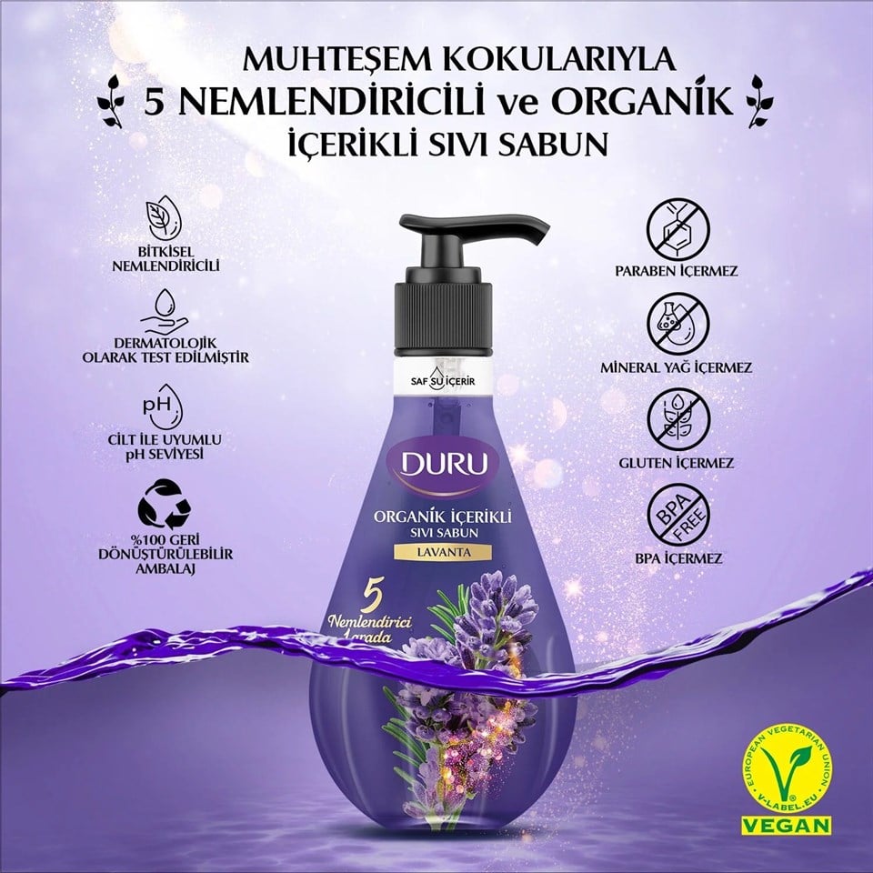 DURU ORGANİK İÇERİKLİ LAVANTA SIVI SABUN 500 ML
