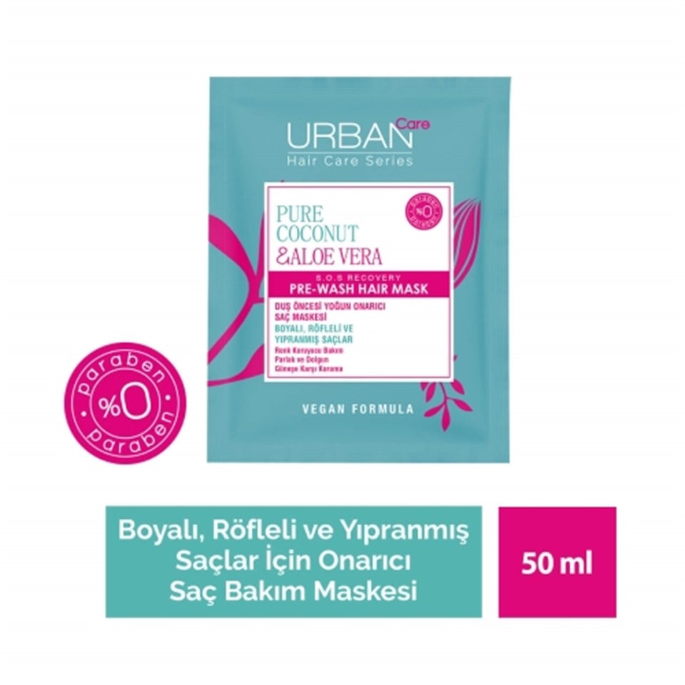 URBAN CARE PURE COCONUT & ALOE VERA RENK KORUYUCU DUŞ ÖNCESİ SAÇ BAKIM MASKESİ 50ML