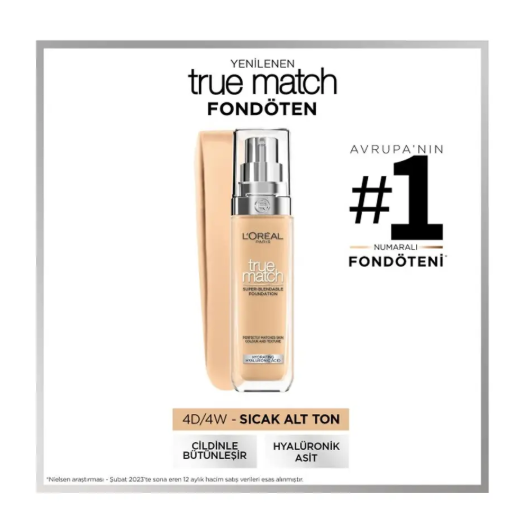 YüzLOREAL PARİS MAKE-UPL'ORÉAL PARİS TRUE MATCH CİLT BAKIM ETKİLİ FONDÖTEN 4D4W NATURAL DORE