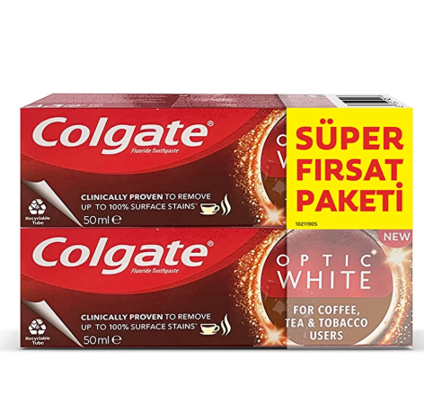 Diş MacunlarıCOLGATECOLGATE OPTİC WHİTE KAHVE, ÇAY VE TÜTÜN KULLANICILARI İÇİN BEYAZLATICI DİŞ MACUNU 50 ML X 2