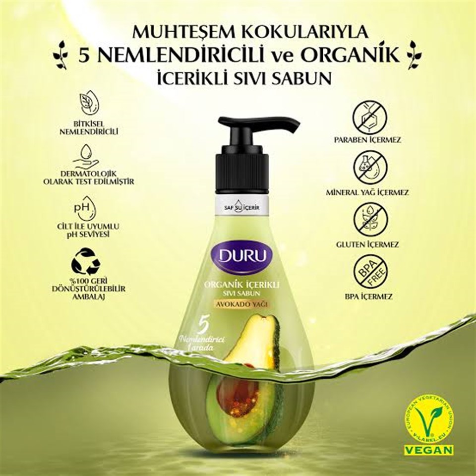 DURU ORGANİK İÇERİKLİ AVOKADO YAĞI SIVI SABUN 500 ML