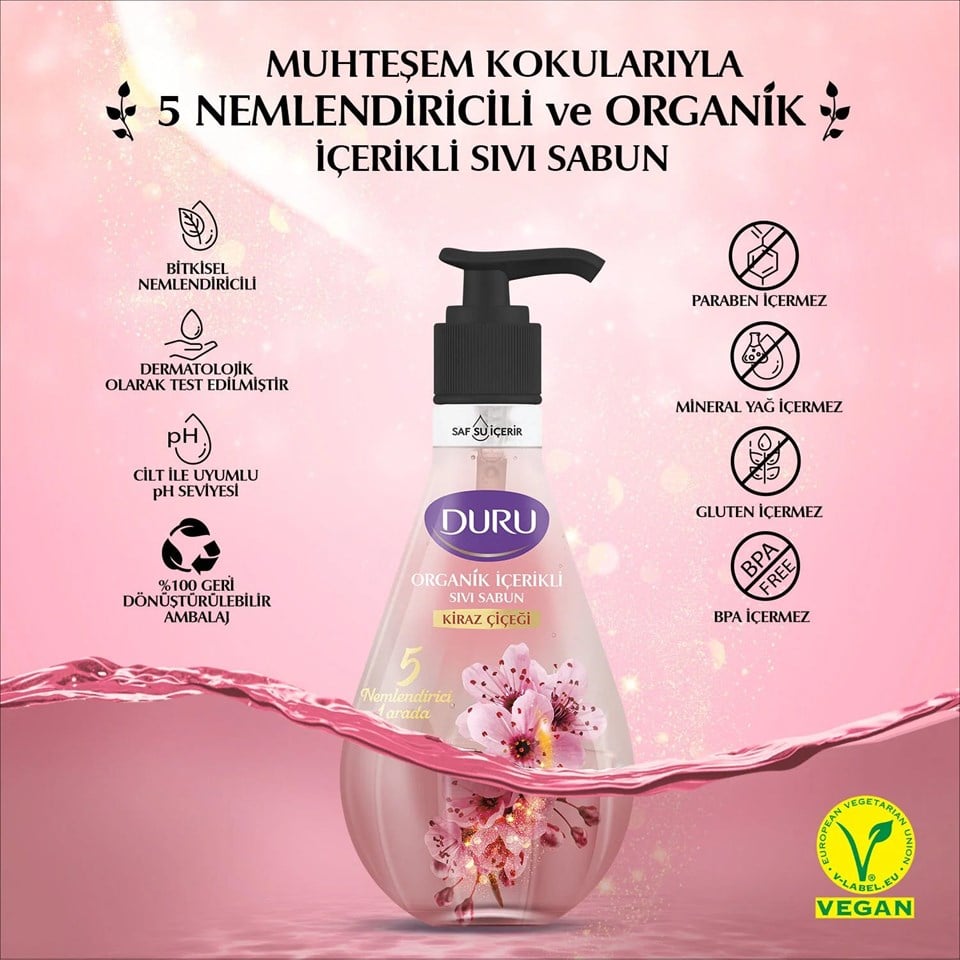 DURU ORGANİK İÇERİKLİ KİRAZ ÇİÇEĞİ SIVI SABUN 500 ML