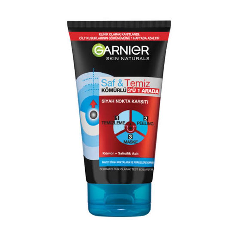 GARNİER SAF&TEMİZ SİYAH NOKTA KARŞITI KÖMÜRLÜ 3'Ü 1 ARADA TEMİZLEME PEELİNG 150ML