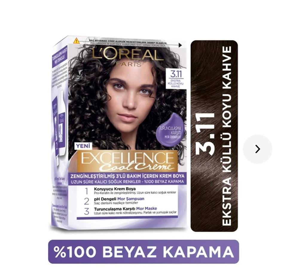 LOREAL PARİS EXCELLENCE COOL CREME 3,11 EKSTRA KÜLLÜ KOYU KAHVE