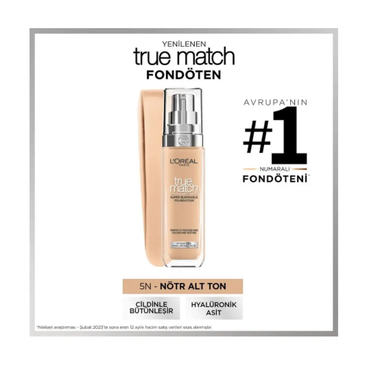 YüzLOREAL PARİS MAKE-UPL'ORÉAL PARİS TRUE MATCH CİLT BAKIM ETKİLİ FONDÖTEN 5N SABLE/SAND