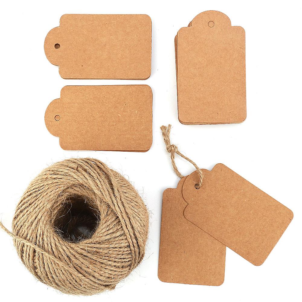 100 adet Kraft Etiket, Hasır Etiket İpi Hediyeli