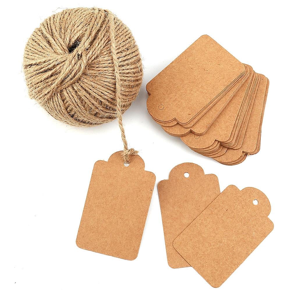 100 adet Kraft Etiket, Hasır Etiket İpi Hediyeli