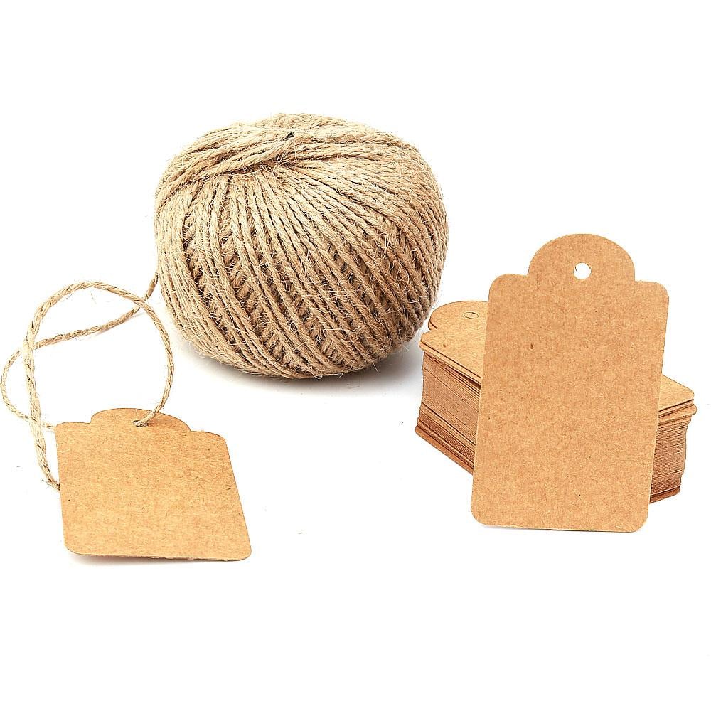 100 adet Kraft Etiket, Hasır Etiket İpi Hediyeli