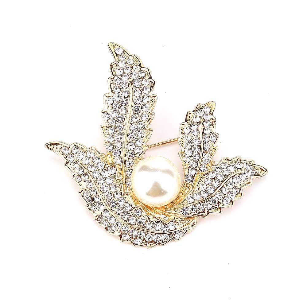 Kristal Taşlı İncili Yaprak Broş