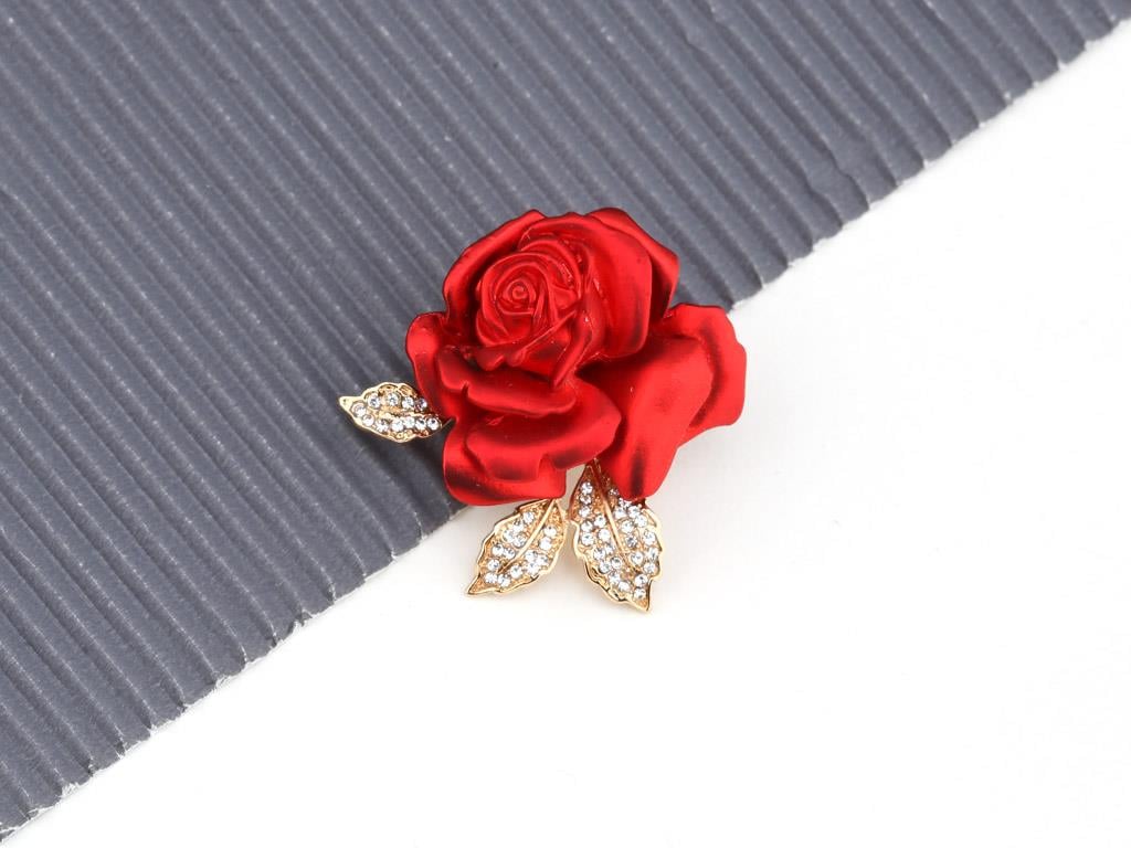 Kristal Taşlı Metal Gül Broş