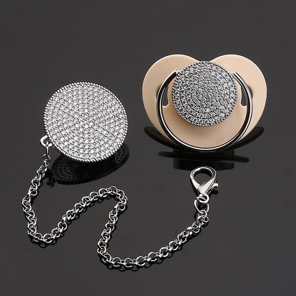 Zirkon Taşlı, Gümüş Renk Kaplama Emzik ve Zincir Seti