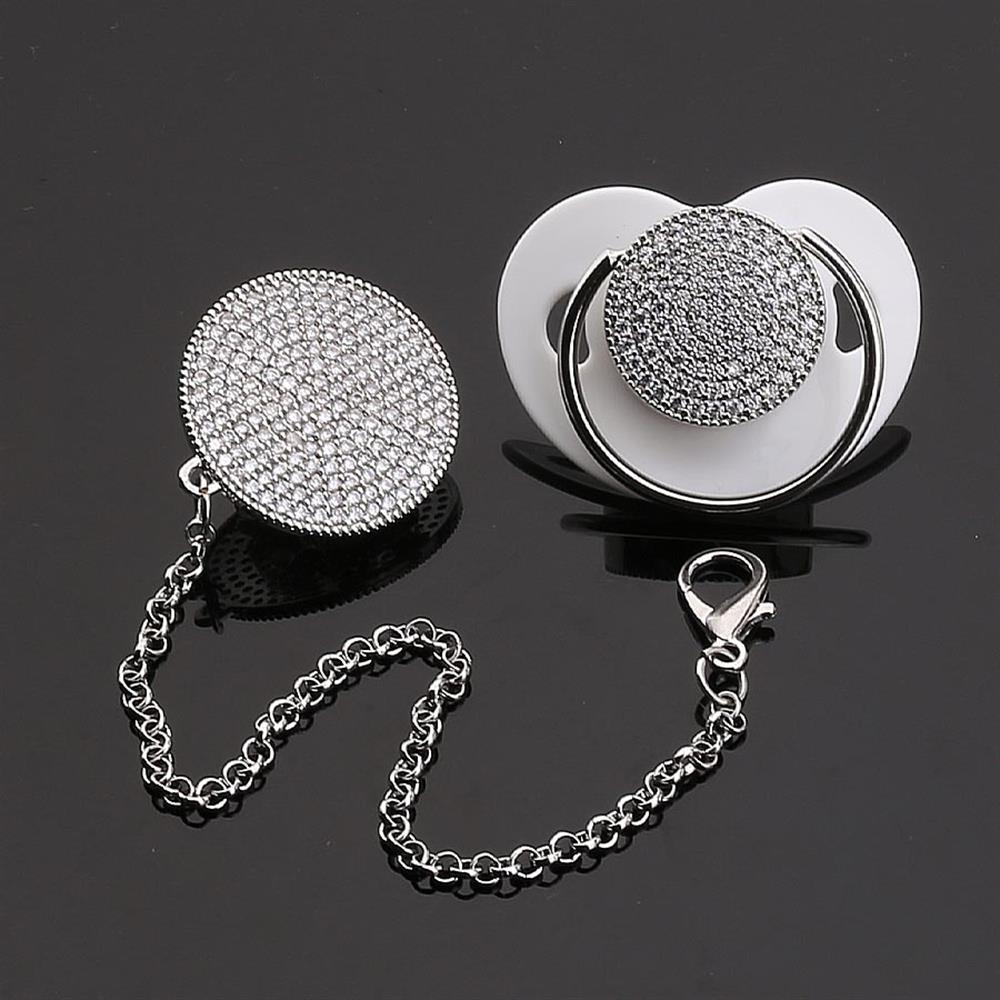 Zirkon Taşlı, Gümüş Renk Kaplama Emzik ve Zincir Seti