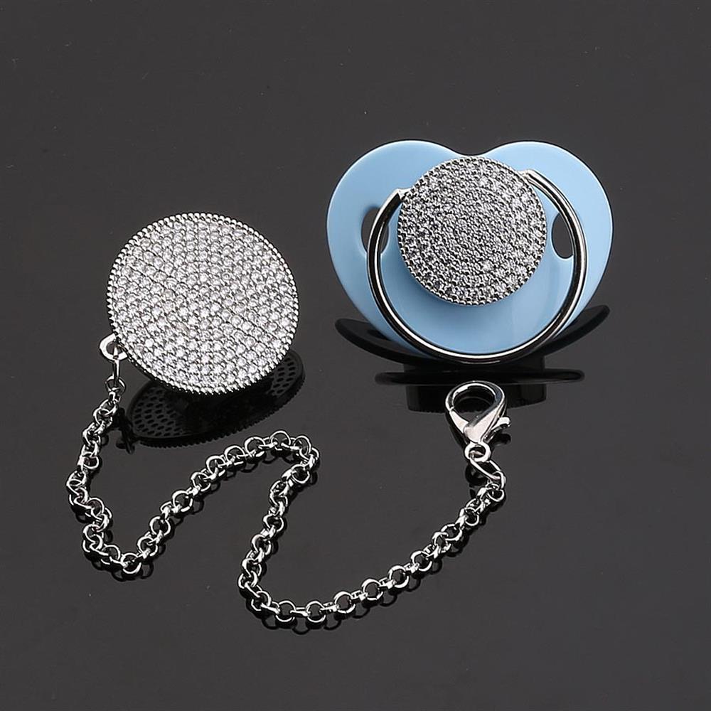 Zirkon Taşlı, Gümüş Renk Kaplama Emzik ve Zincir Seti