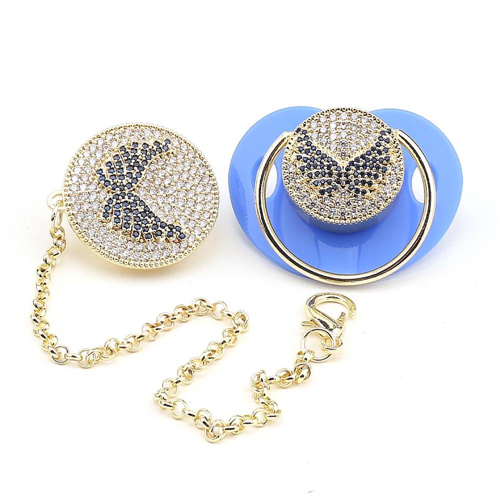 Zirkon Taşlı, Mavi Kanat Figürlü Emzik ve Emzik Askısı Seti