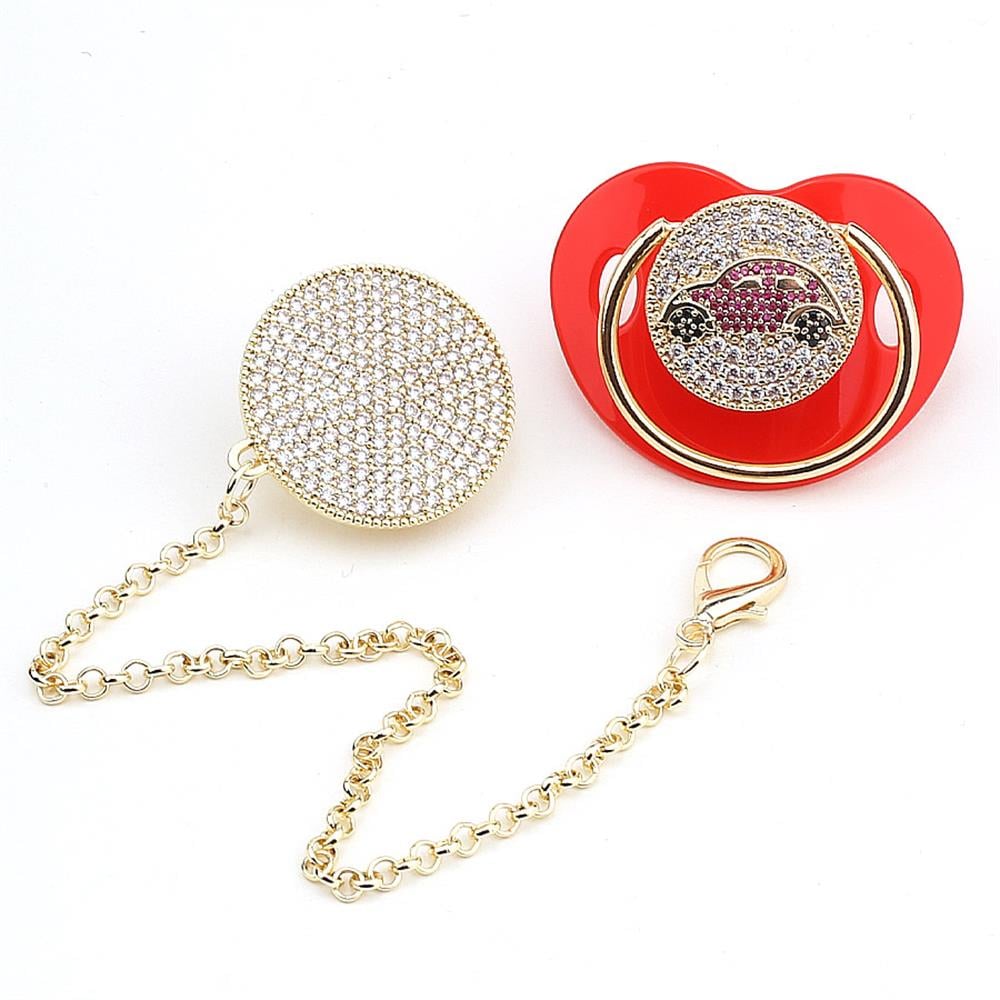 Zirkon Taşlı, Pembe Araba Figürlü Emzik ve Emzik Tutacağı Seti