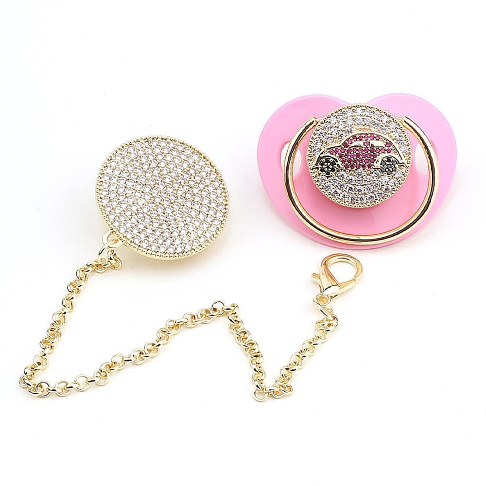 Zirkon Taşlı, Pembe Araba Figürlü Emzik ve Emzik Tutacağı Seti