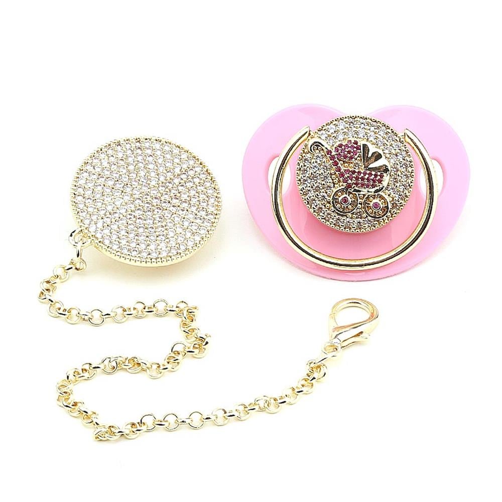 Zirkon Taşlı, Pembe Puset Figürlü Emzik ve Emzik Zinciri Seti